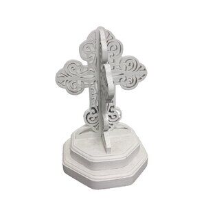 Vintage 3D Wood Ornate Hand Carved Table White Cross Figurine Decor Shabby Chick
